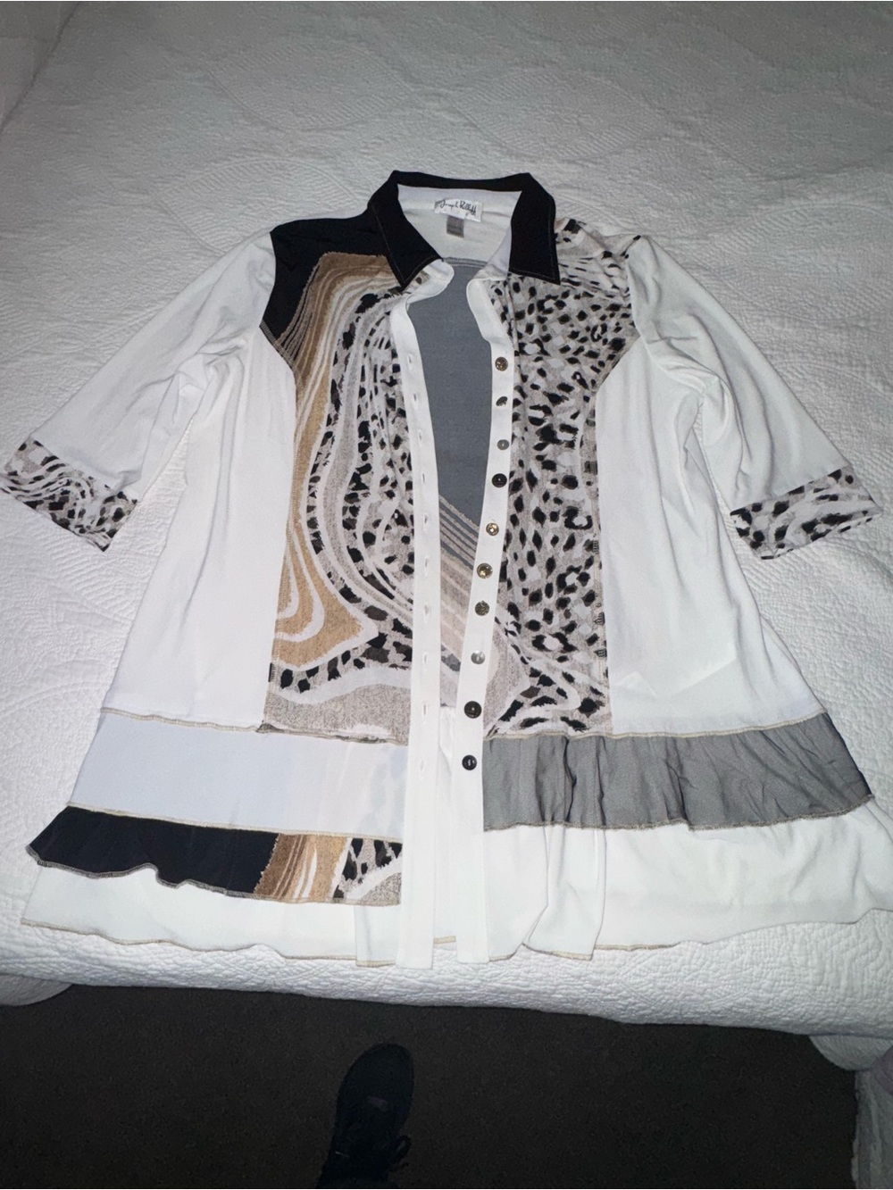Joseph Ribkoff White Mixed-Print Button Front Tunic with Black Collar